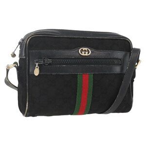 Authentic GUCCI GG Canvas Web Sherry Line Shoulder Bag Black Gold